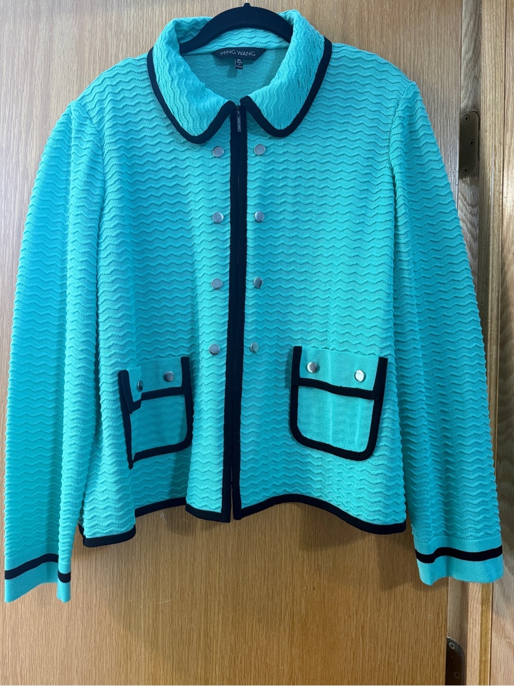 Ming Wang xl Teal Knit Blazer with Black Trim